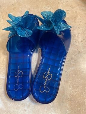 Jessica Simpson Blue Jelly Slide Mules with Floral Bow